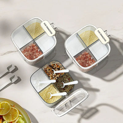 PET Household Kitchen Salt Jar Multi Grid Function Kitchen Spice Box  With Spoon