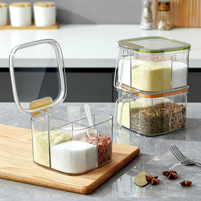 PET Household Kitchen Salt Jar Multi Grid Function Kitchen Spice Box  With Spoon