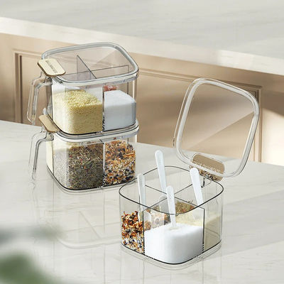 PET Household Kitchen Salt Jar Multi Grid Function Kitchen Spice Box  With Spoon