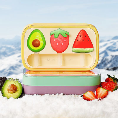 DIY Cartoon Fruit Shape Ice Cream Mold 3 grids Silicone Popsicle Mold Food Grade Ice Mould with Seal lid