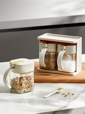 Durable 2 Grids Clear  Condiments Glass Container Pots Set With Handle And Spoon